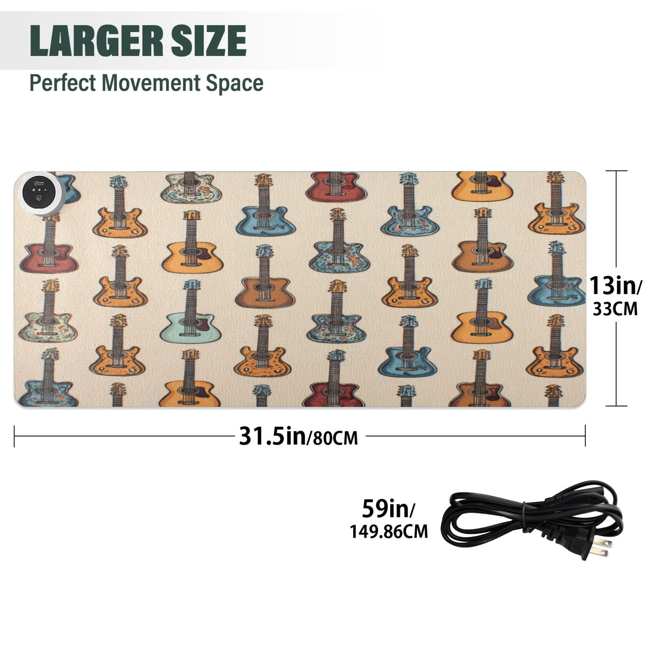Large Heated Desk Mat Mouse Pad 31.5"x13"PU Leather Graphene Heating Desk Warmer with 3 Temperature Settings 110V US Plug Non-Slip Warm Pad for Home, Office, and Gaming Classic Guitar Music Art