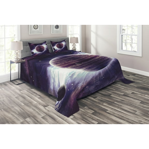 Ambesonne Galaxy Quilted Coverlet 3 Pcs, Outer Space Planets Mars, Queen Size, Mauve Purple
