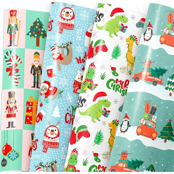 Christmas Wrapping Paper for Kids Adults - Xmas Wrapping Paper with Red/Green Plaid, Reindeer, Snowflakes, Xmas Trees - 20 x 28 Inches, 12 Folded Sheets, Easy to Sto