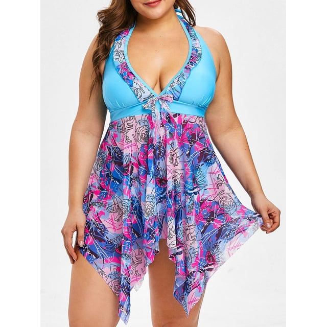 Set de Tankini de Halter con Color Bloque de Tamaño Plus Rosegal Tankinis