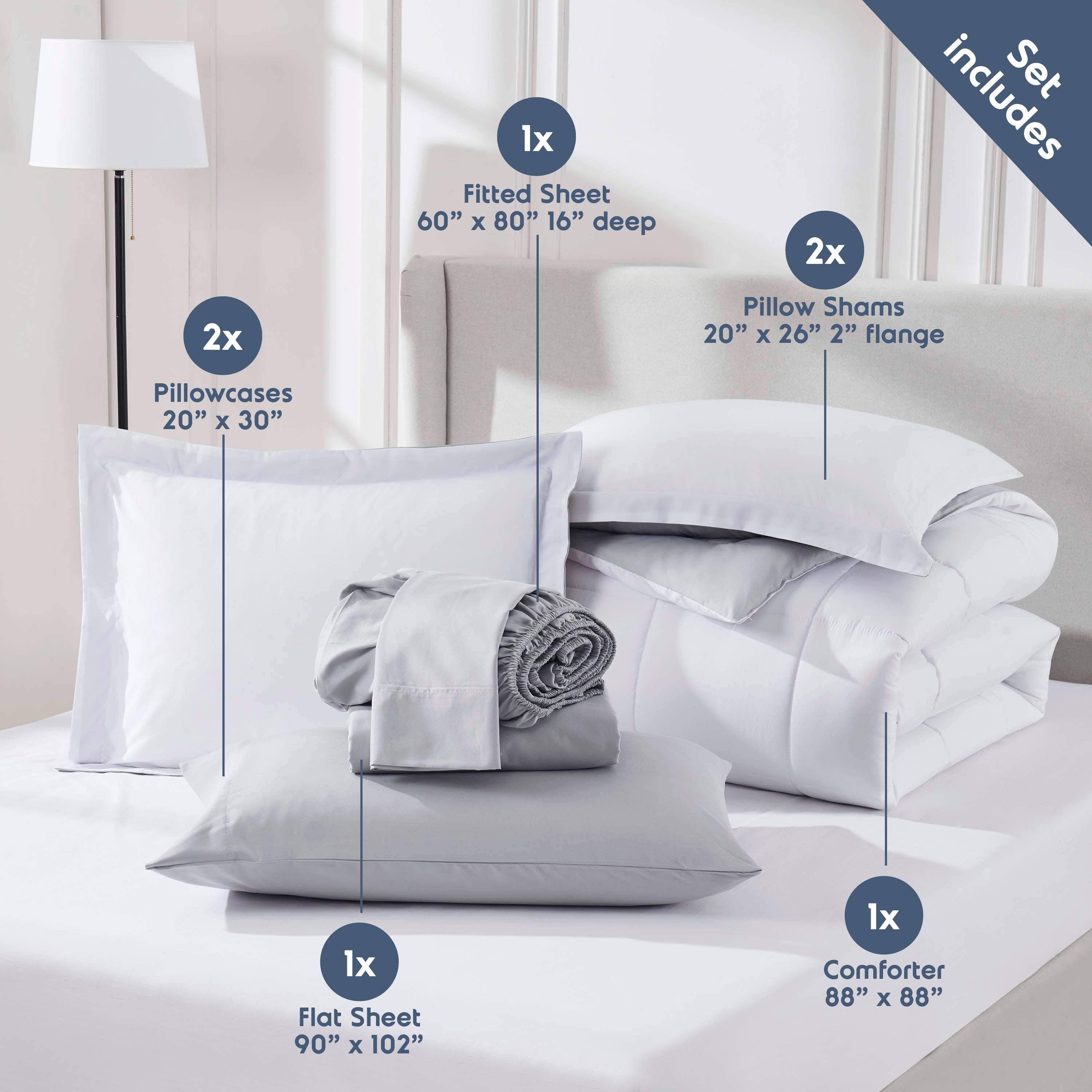 LammaLoe Full-Size Comforter Set, With Sheets, Reversible Bed In A Bag 7 Piece, Bedding Set, White