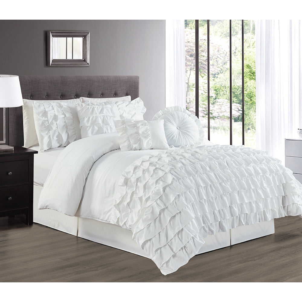 7-Piece Cal King White Comforter Set Bed In A Bag Hypoallergenic Ruffle ...