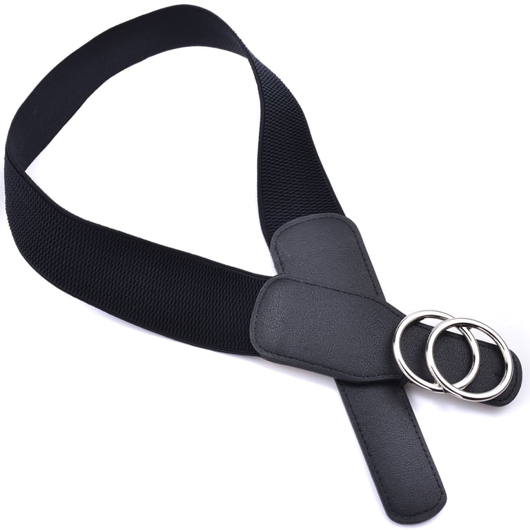 Women\'s Black Elastic Waist Belt with Silver Double-Ring Buckle Women Black Elastic Belt Paisley Double Silver Metal Buckle  main image 2
