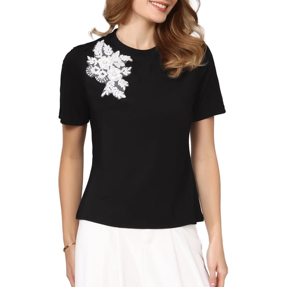INSPIRE CHIC Women's Basic Tee Shirt Short Sleeve Crew Neck Stretchy Summer Casual Beaded Top S Black