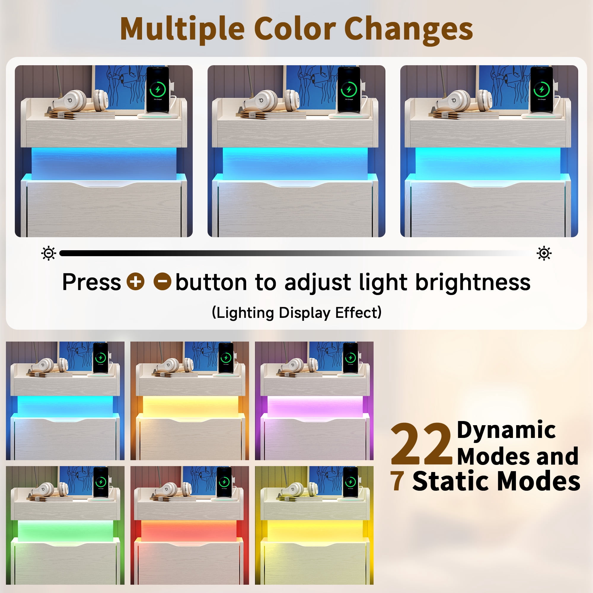 NEGYLIM Nightstand for Bedroom with 3 Drawers, Bedside Tables with Charging Station & LED Lights, Side Tables with 2 Wooden Drawers & a Sliding Top, Modern Style, for Living Room, Office, White