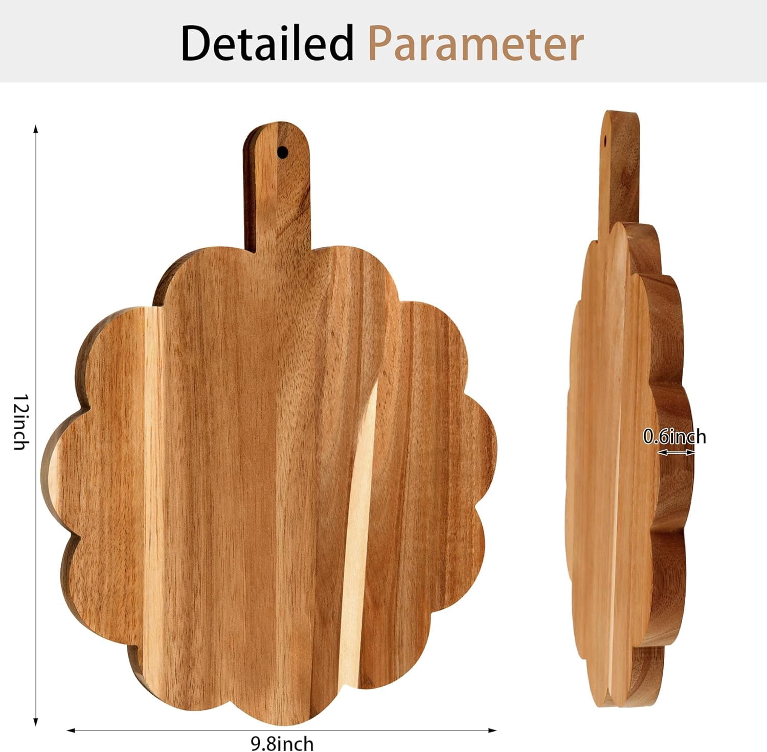 RGHJAR-Scalloped Acacia Wooden Cutting Board with Handle, Wood Boards Kitchen Chopping Boards for Pizza, Bread, Cheese, Fruits, Vegetables, 12 x 10 x 0.63 Inch