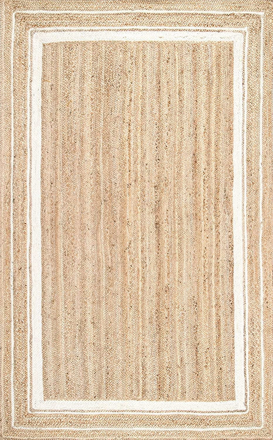 Avgari Creation White Border Natural Jute Beige Hand Braided Pattern Area Rug Carpet-10"Sq Feet (120 inch)