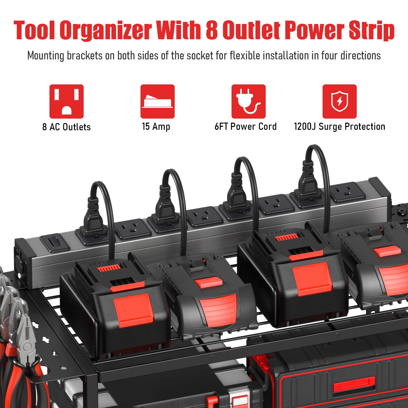 VILONG Power Tool Organizer Wall Mount with Charging Station, 100lb Capacity, 4 Drill Holders & Battery Rack for Garage & Workshop, Fathers Day Gifts for Men(Black)