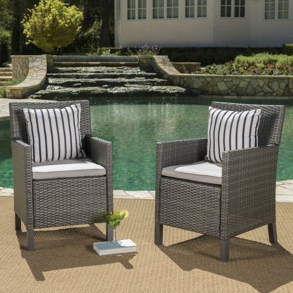 GDF Studio Healy Outdoor Wicker Dining Chairs with Cushions, Set of 2, Gray and Light Gray