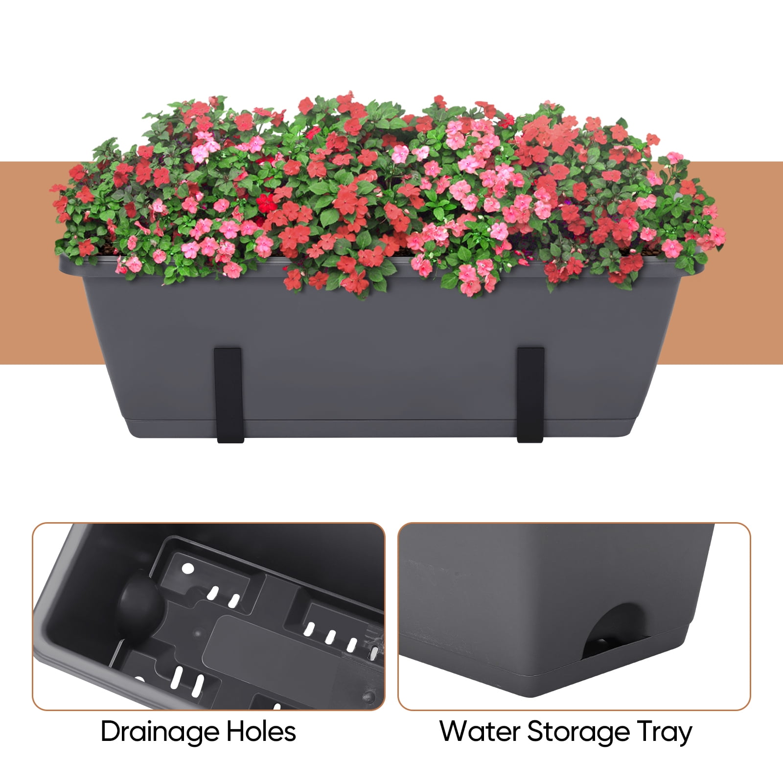 Railing Planter Box, Balcony Planters Railing Hanging, Window Boxes Planter with Adjustable Brackets, 16.9 Inches Deck Railing Hanging Flower Boxes, for Outdoor Railngs Balcony Patio