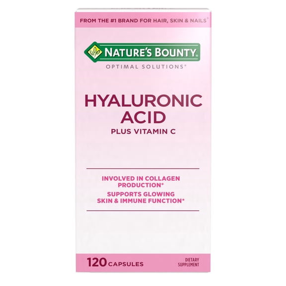 Nature's Bounty Optimal Solutions Hyaluronic Acid, for Glowing Skin Collagen Production Beauty, 120 Capsules
