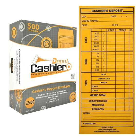500 Cashier Depot EZ400 Cashier's Deposit Report Envelope, 4 1/8" x 9 1/2", Premium 24lb. (500 Envelopes)