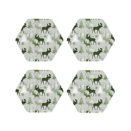 

Lukts green plaid Moose tree Print Leather Drinks Coasters Set of 4 Suitable or Drinks Furniture Protection and Easy Clean up-Hexagon