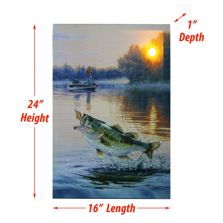 Rivers Edge Products LED Canvas Wall Art, 24 by 16 Inches, Fiber Optic  Light Up Wall Decor, Battery Operated Lighted Fish Canvas Print, LED Light