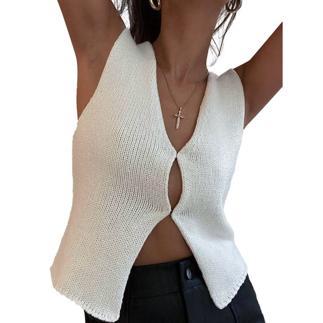 Fortune Women Knitted Tank Top Summer Basic V Neck Solid Sleeveless Cropped Top