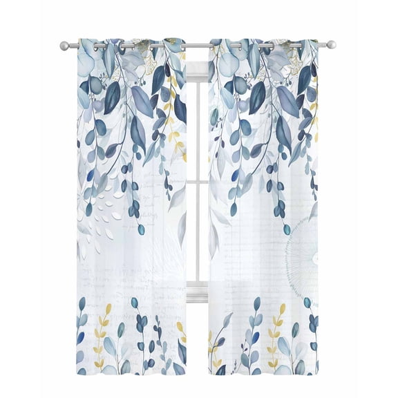 Navy Blue Eucalyptus Leaves Sheer Curtains 84 Inch Length 2 Panels Set for Living Room/Bedroom, Retro Country Leaf Botanical Kitchen Curtains Grommet Semi-Sheer Curtains Window Treatments 52"x84"x2