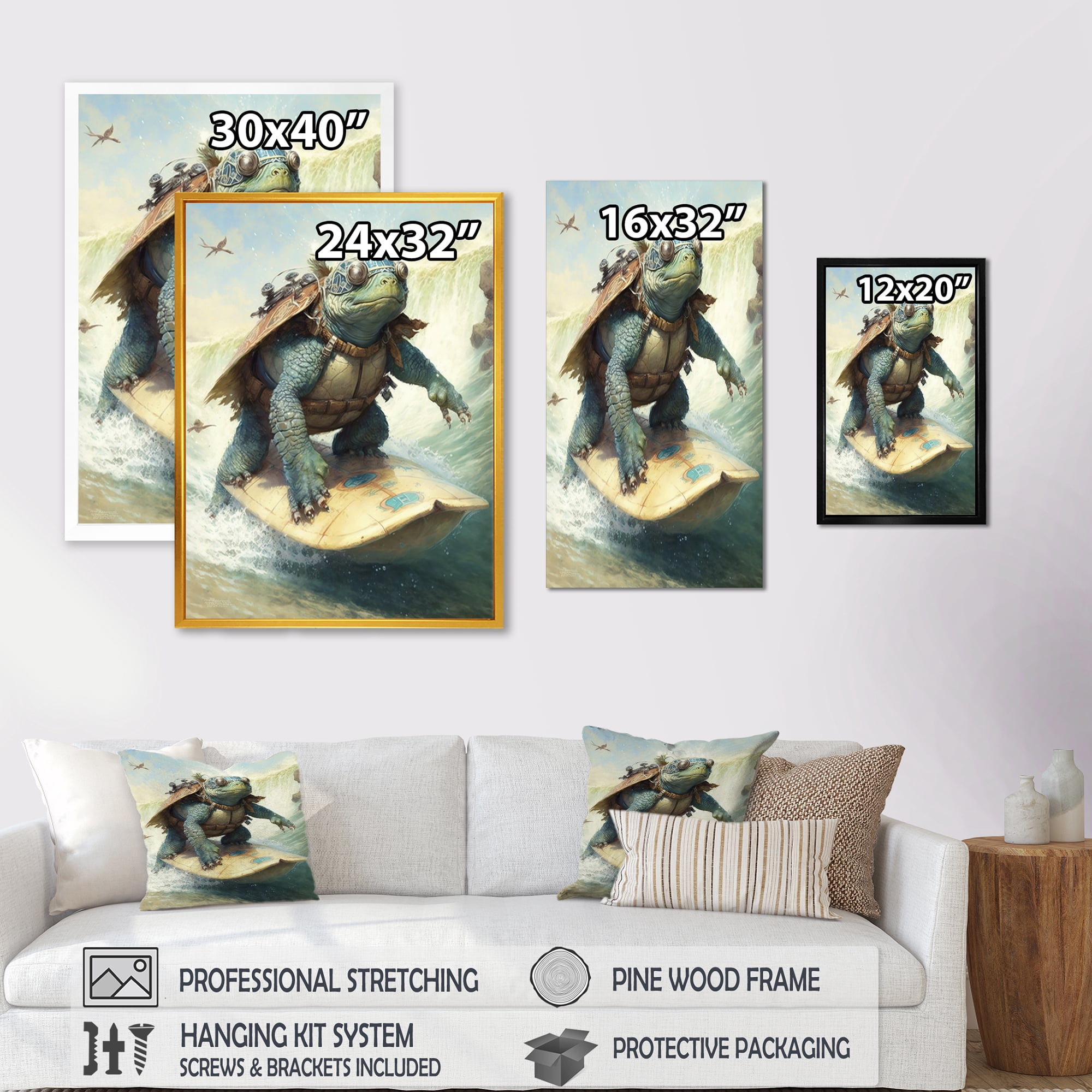 Designart Turtle Surfing With Goggles Canvas Wall Art
