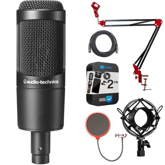 Audio-Technica Cardioid Condenser Microphone AT2035 Bundle with 2 YR CPS Extended Warranty, Metal Shock Mount, Pop Filter, Suspension Boom Scissor Arm Stand and 25ft XLR Cable
