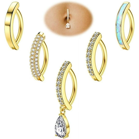 5Pcs Belly Button Ring for Women 14G Short Opal Navel Rings Silver Gold Clicker Piercing Pack Simple Dangle Cute CZ Small Hypoallergenic Reverse Piercings Jewelry