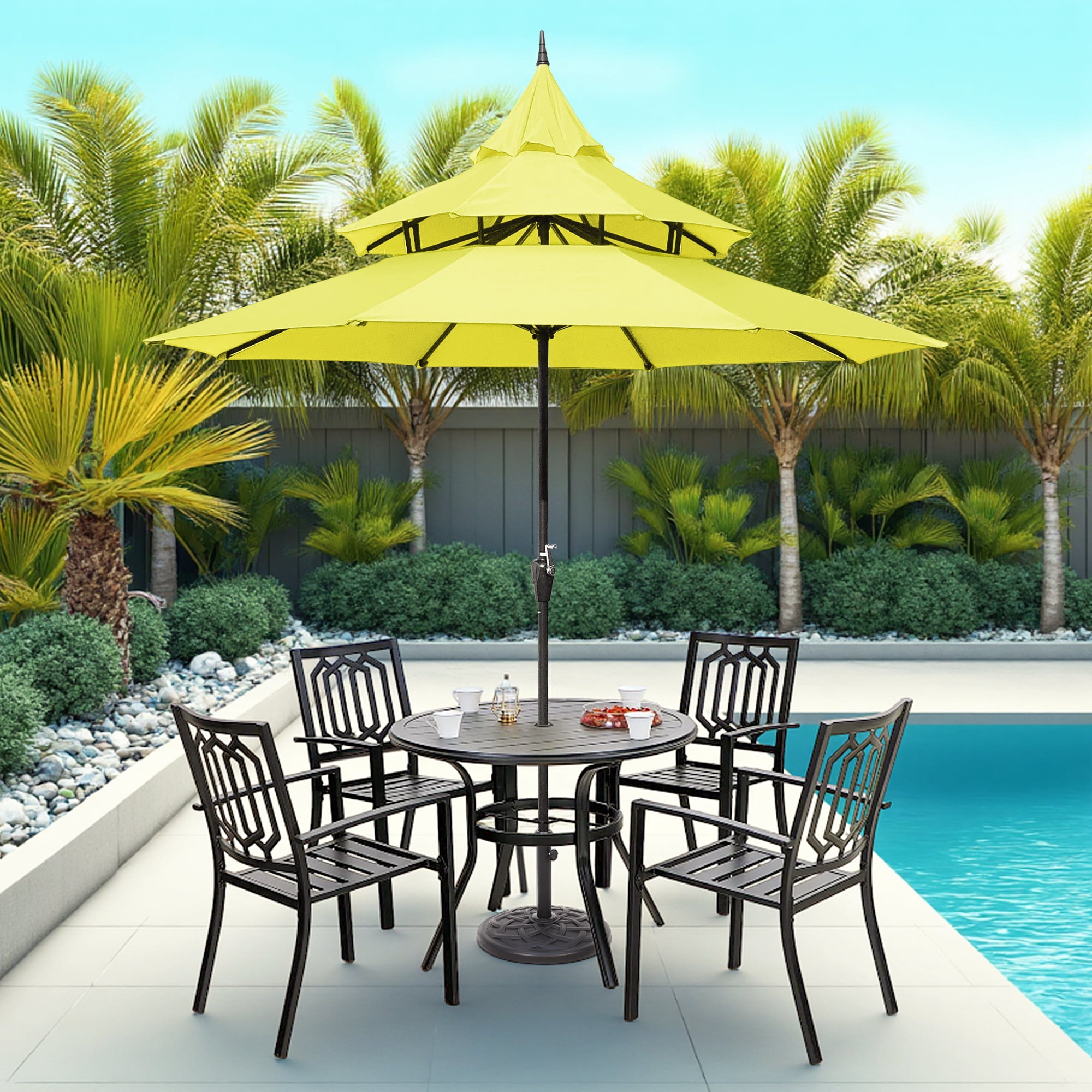 Abble 9ft Patio Umbrella with Crank 3-Tier Pagoda Outdoor Market Umbrella with 8 Ribs for Garden Deck Backyard Pool, Yellow