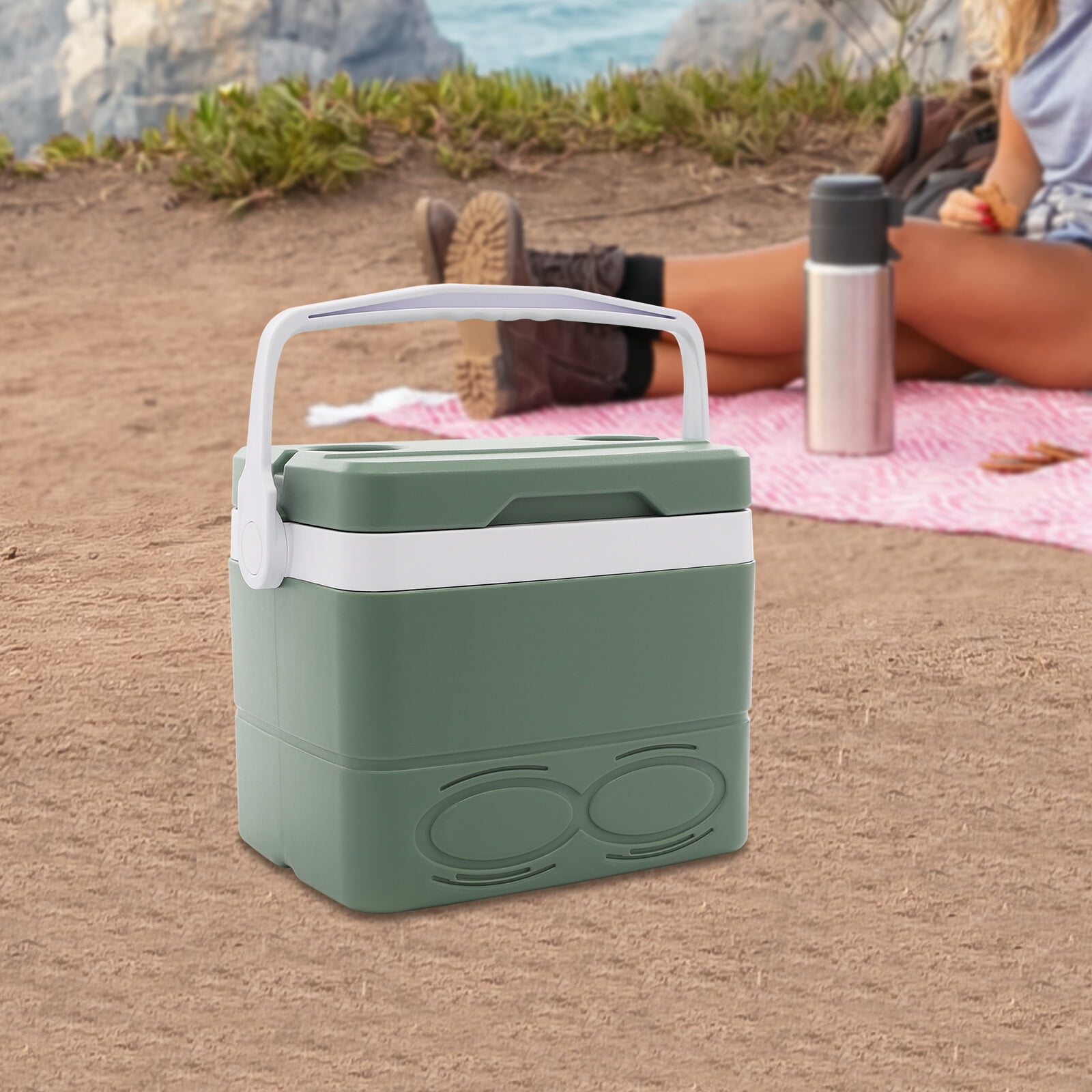 Green 8.5L/2.25Gal Camping Cooler, Insulated Portable Coole with Handle & Cup Slots, Leak-Proof Hard Cooler for BBQ, Camping, Pincnic