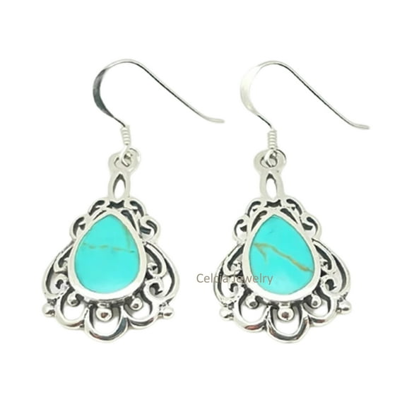 Solid 925 Sterling Silver Dangle Drop Earrings For Women, Pear Turquoise Genuine Gemstone Amazing Handcrafted December Birthstone Gifts For Her