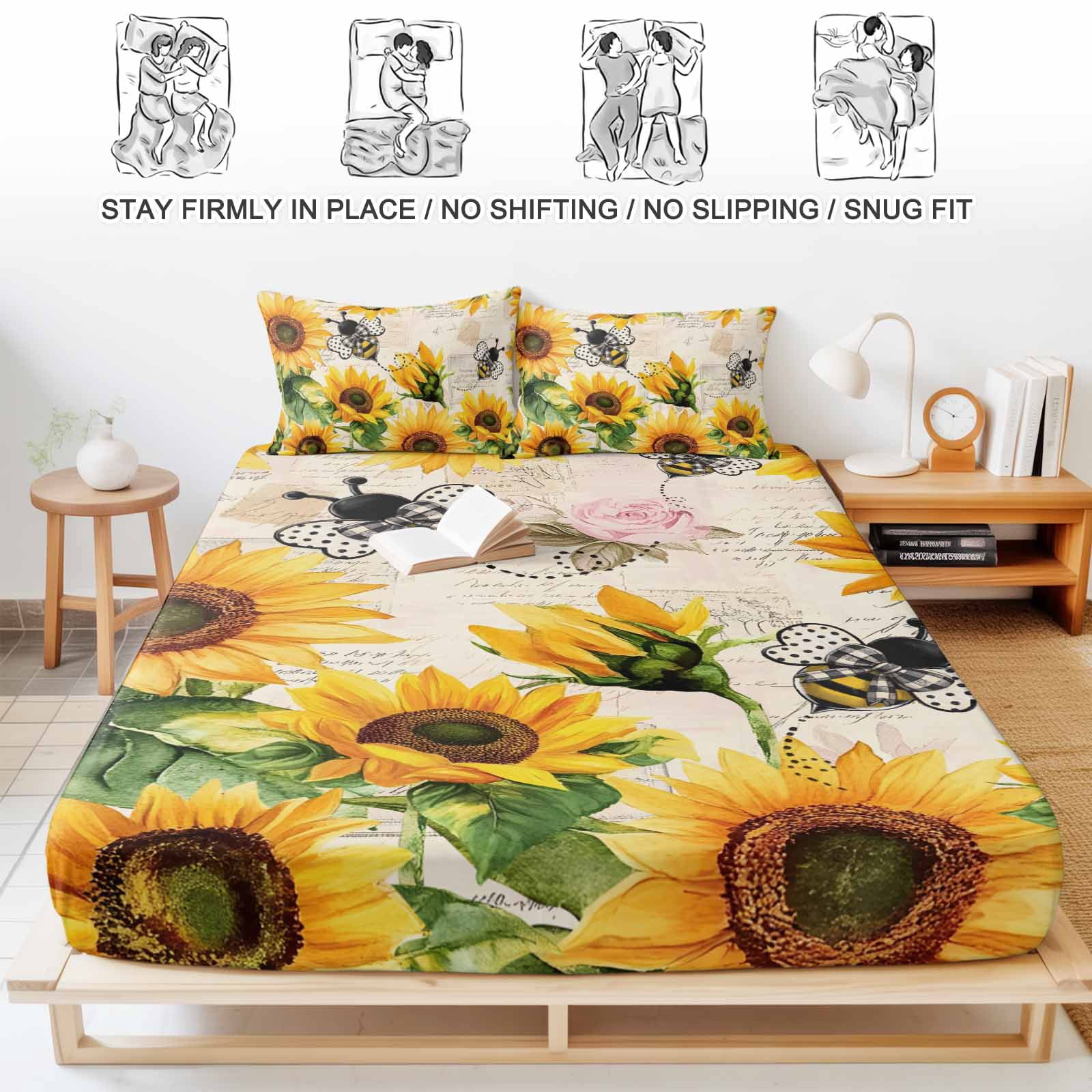 Twin Sze Fitted Sheet Set - Sunflower Farmhouse 2 Piece Bedding Sets 16" Deep Pocket Fitted Sheet with 1 Pillowcase, Spring Summer Vintage Floral Bee Brushed Microfiber Hotel Luxury Bed Sheets