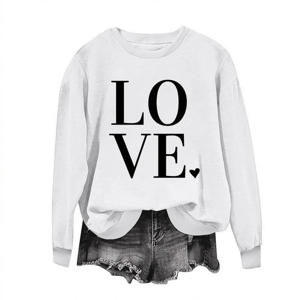 Penkiiy Camisetas Día de San Valentín Mujeres Amor Corazón Rojo Sudadera gráfica de manga larga Cuello Crew Valentines Tops XS Blanco