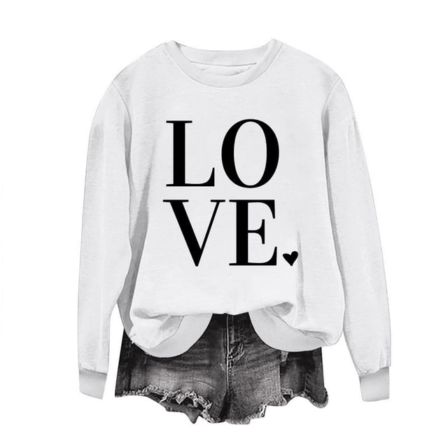 Penkiiy T-Shirts de la Saint-Valentin pour Femmes, Chandail en Molleton Graphique Cœur Rouge, Manches Longues, Col Rond, Hauts m Blanc