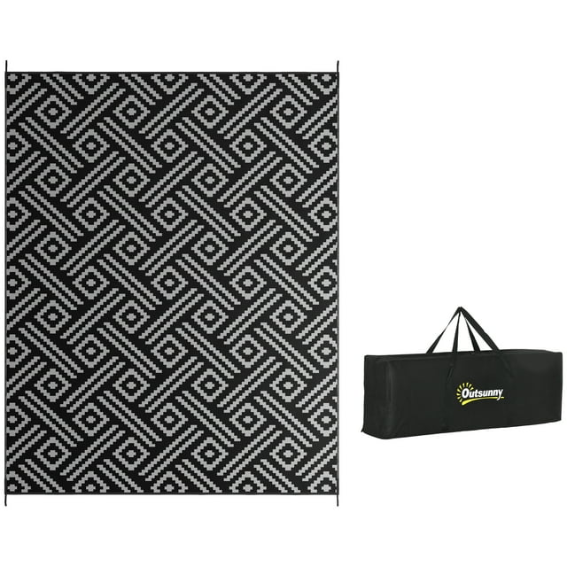 Outsunny Waterproof Outdoor Rug with Carry Bag, Black and Grey Geometric, 9' x 12'