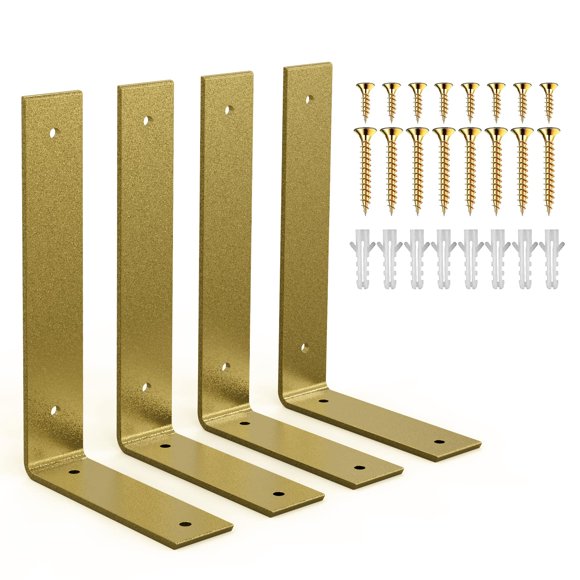 Gold Heavy Duty Shelf Brackets 8 X 6 Inch, Extra Thick L Shelving Brackets, Rustic Gold Iron Floating Shelves Wall Mounted With Hardware For Diy Open Shelving, 4 Pack