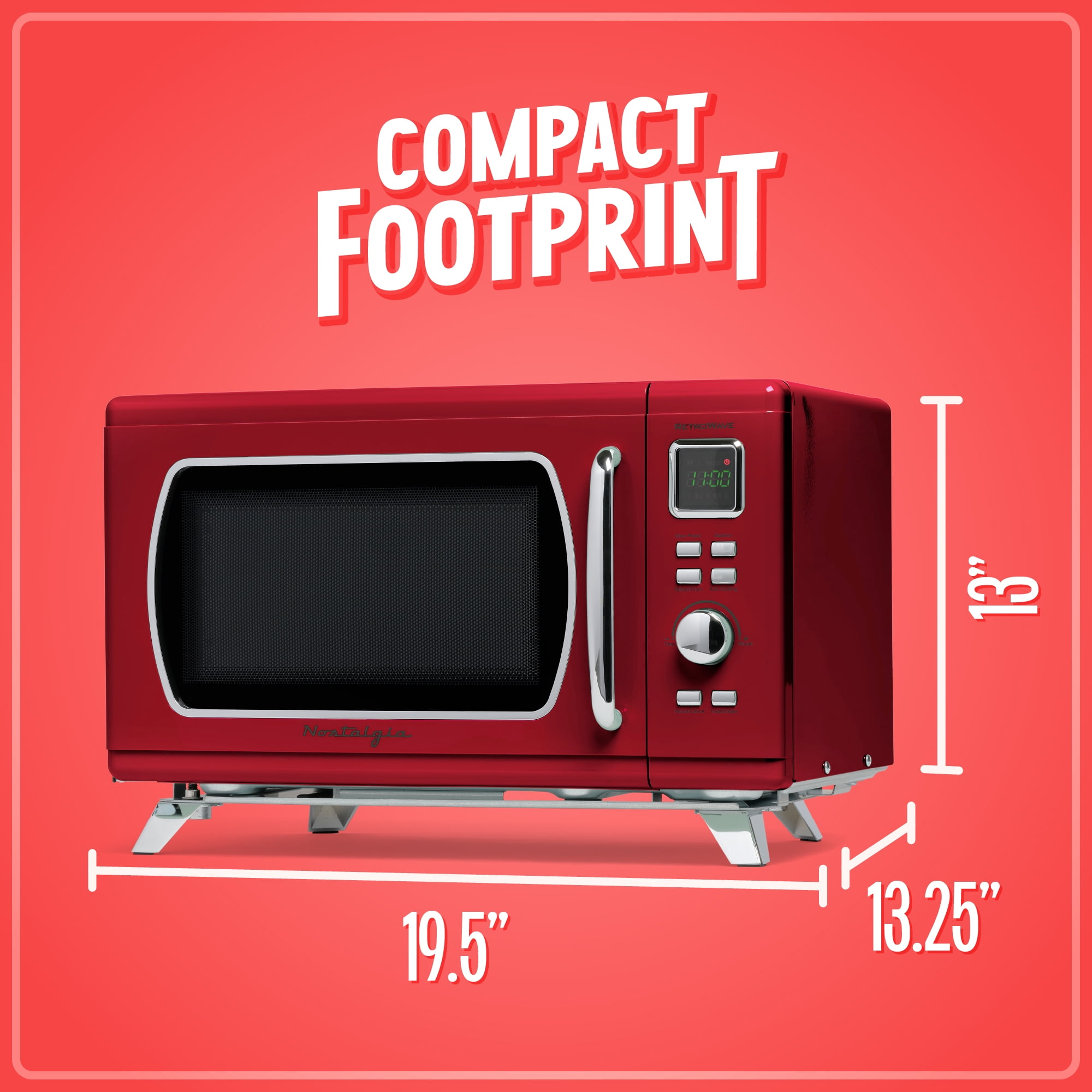 Nostalgia 0.9 cu ft Mid-Century Retro Microwave Oven, 900W Microwave Oven with LED Clock, Red