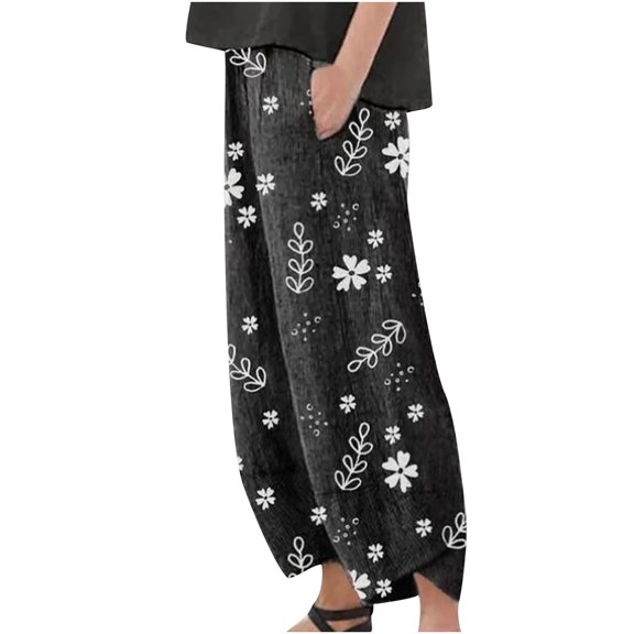 RYRJJ Plus Size Capri Pants for Women Casual Summer Cotton Linen Harem Pants Elastic Waist Wide Leg Baggy Cropped Trousers(Black,S)