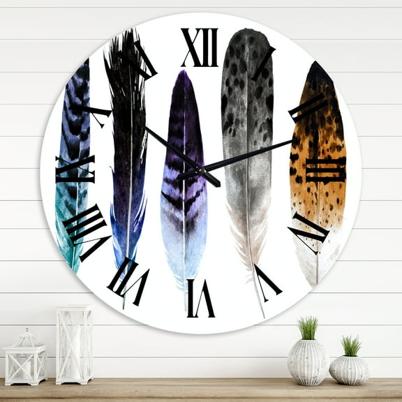 Designart 'Colourful Boho Feathers Ii' Bohemian & Eclectic Wall Clock