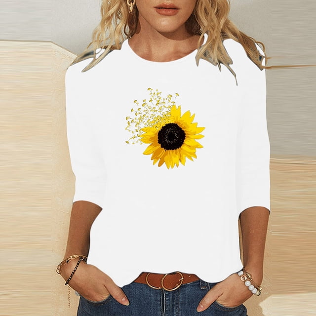 Fiudx Ofertas Relámpago Camiseta Estampada a La Moda para Mujer, Blusa de Mangas 3/4, Tops Informales con Cuello Redondo