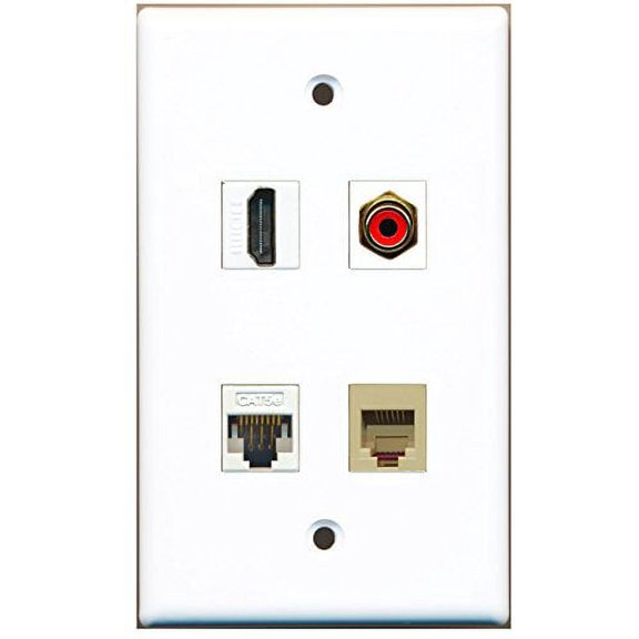 RiteAV - 1 Port HDMI 1 Port RCA Red 1 Port Phone RJ11 RJ12 Beige 1 Port Cat5e Ethernet White Wall Plate