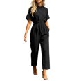 thumbnail image 2 of Women's Short Sleeve Casual Jumpsuit with Elastic Waist Pockets Summer Lightweight Solid Color Crew Neck Straight Leg One Piece Romper, 2 of 7