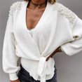 thumbnail image 1 of Ladies Long Sleeve V-neck Bowknot Pearl Pure Color Waist Knit Cardigan Sweater, 1 of 8