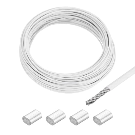 Uxcell 66Ft Wire Rope 304 Stainless Steel Cable 1/16 Vinyl Coated with 4Pcs Aluminum Sleeves White