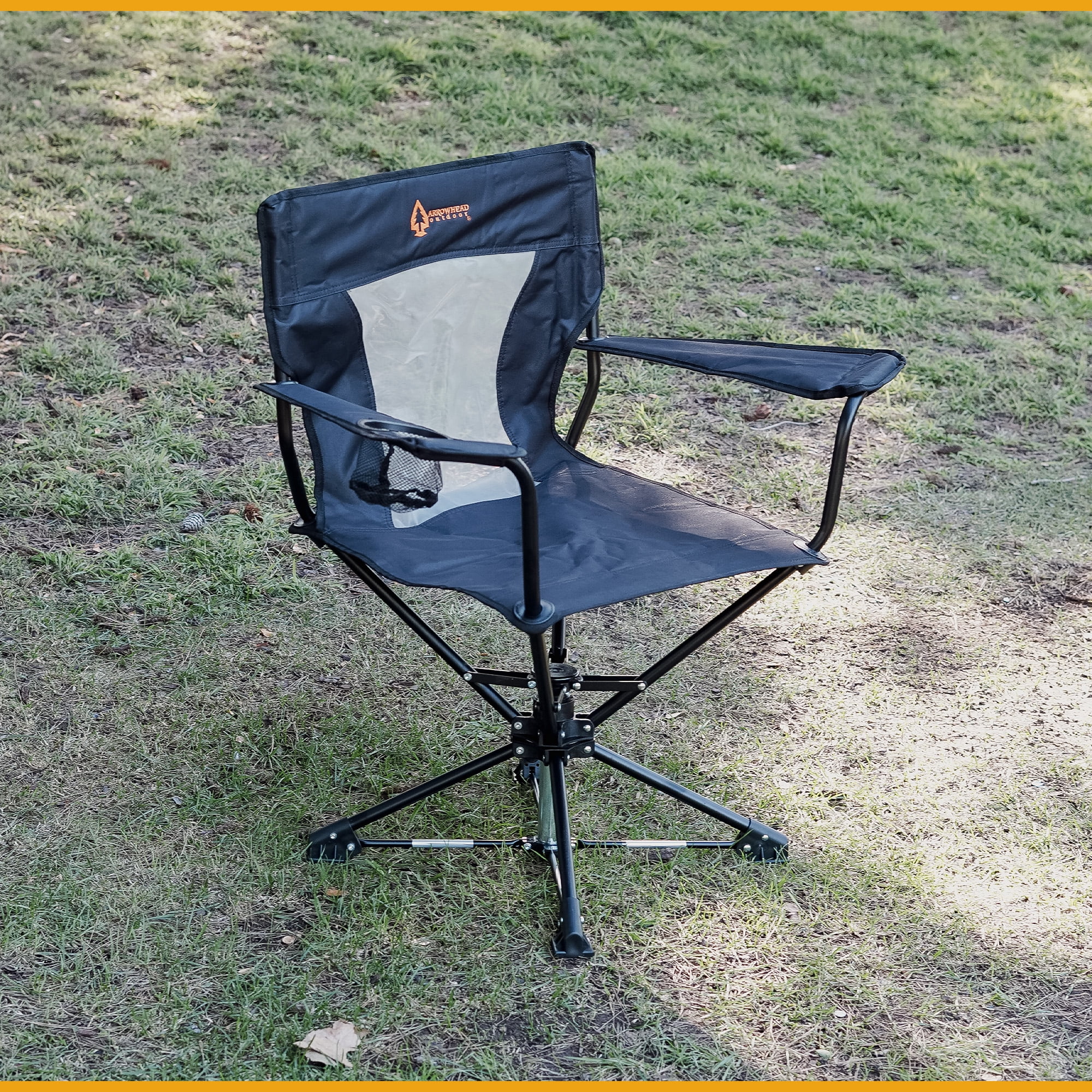 ARROWHEAD OUTDOOR 360° Degree Swivel Hunting Chair w/ Armrests, Perfect for Blinds, No Sink Feet, Supports up to 450lbs, Carrying Case, Steel Frame, Fishing, High-Grade 600D Canvas, USA-Based Support