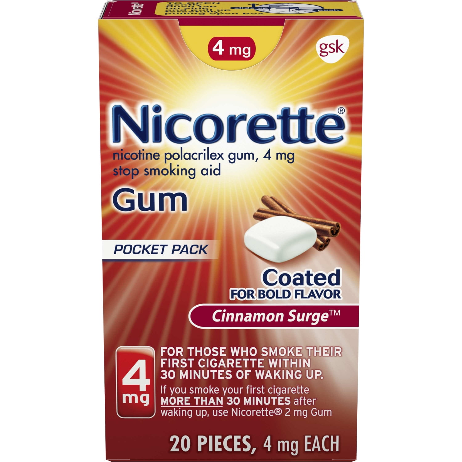 Nicorette Nicotine Gum, Stop Smoking Aid, 4 mg, Cinnamon Surge Flavor, 20 count