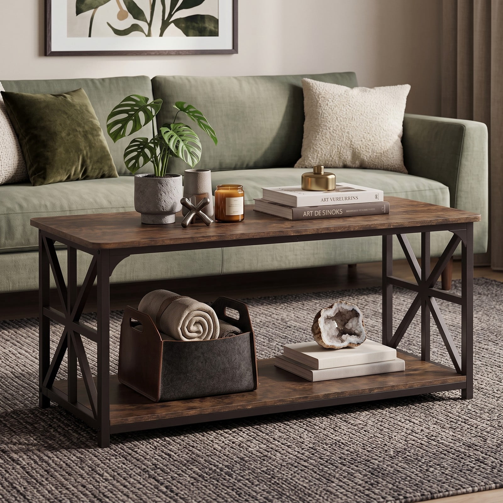 Furnibear 2-Tier Coffee Table with Storage Shelf, Rustic Farmhouse Center Cocktail Table, Wood Look Top with Carbon Steel Frame and X-Shaped, Rustic Brown & Black