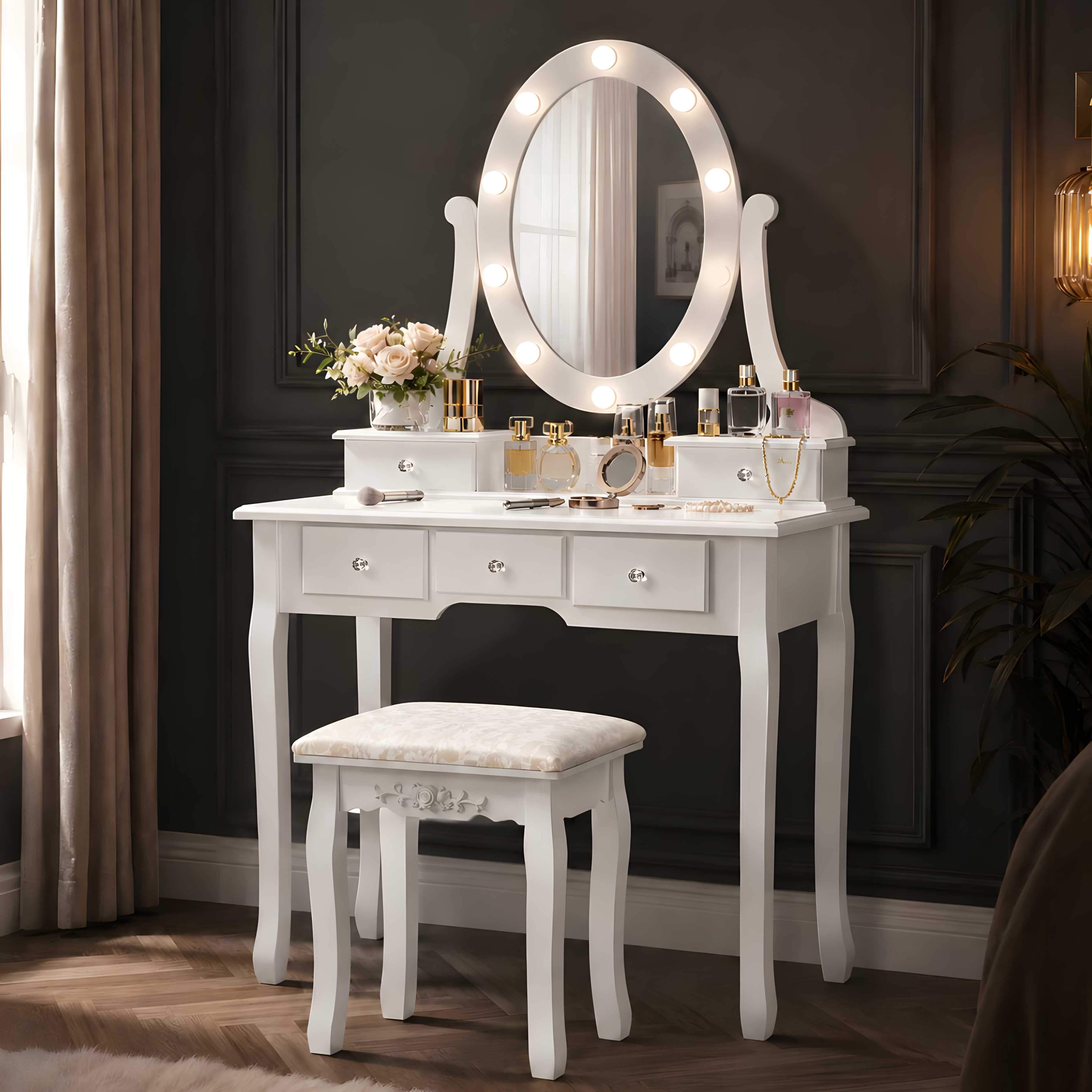 Ktaxon Vanity Table 10 LED Lights, 5 Drawers Makeup Dressing Desk with Cushioned Stool Set,Bedroom Vanities Set White