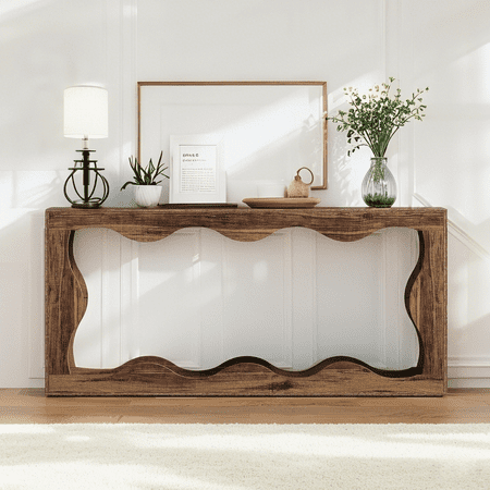 Tribesigns Farmhouse Console Table, 63-Inch Scalloped Console Table, Industrial Wooden Wavy Console Table with Storage for Entrance, Living Room (Rustic Brown)