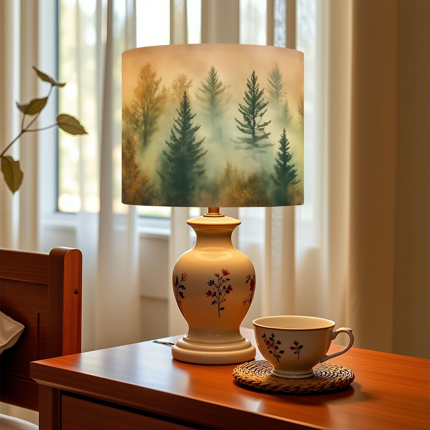 Linen Drum Lampshades Forest Tree Wood Green Pine Trees Autumn Leaves Fog Misty Landscape 13"x13"x10" Light Shade for Table Lamps Drum Lamp Shades Lampshade Replacement Assembly Required