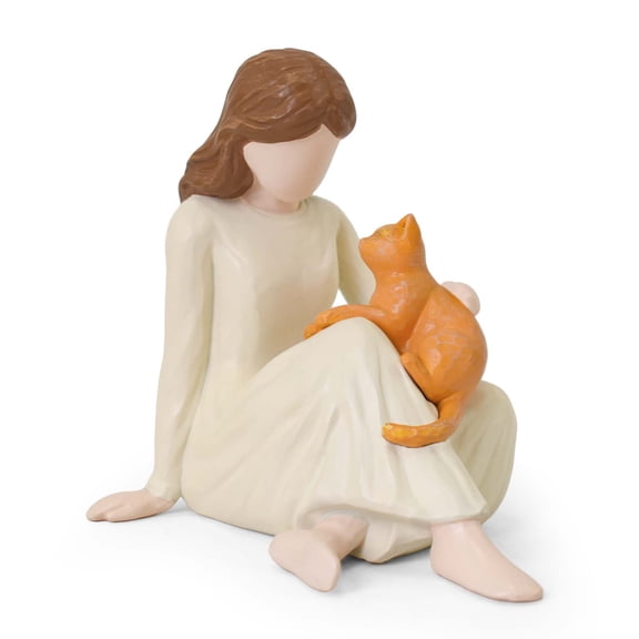 Girl Hugging Cat Resin Statue 3.6in Tall - Low Poly Home Decor Figurine for Shelf, Bookcase & Living Room