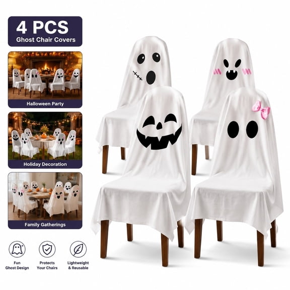 4 Pack Halloween Chair Covers, White Full Cover Chair Protector Sleeve for Dining Chairs, Holiday Party Decoration for Banquet Weddings