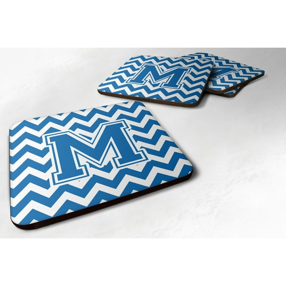 Letter M Chevron Blue and White Foam Coaster Set of 4