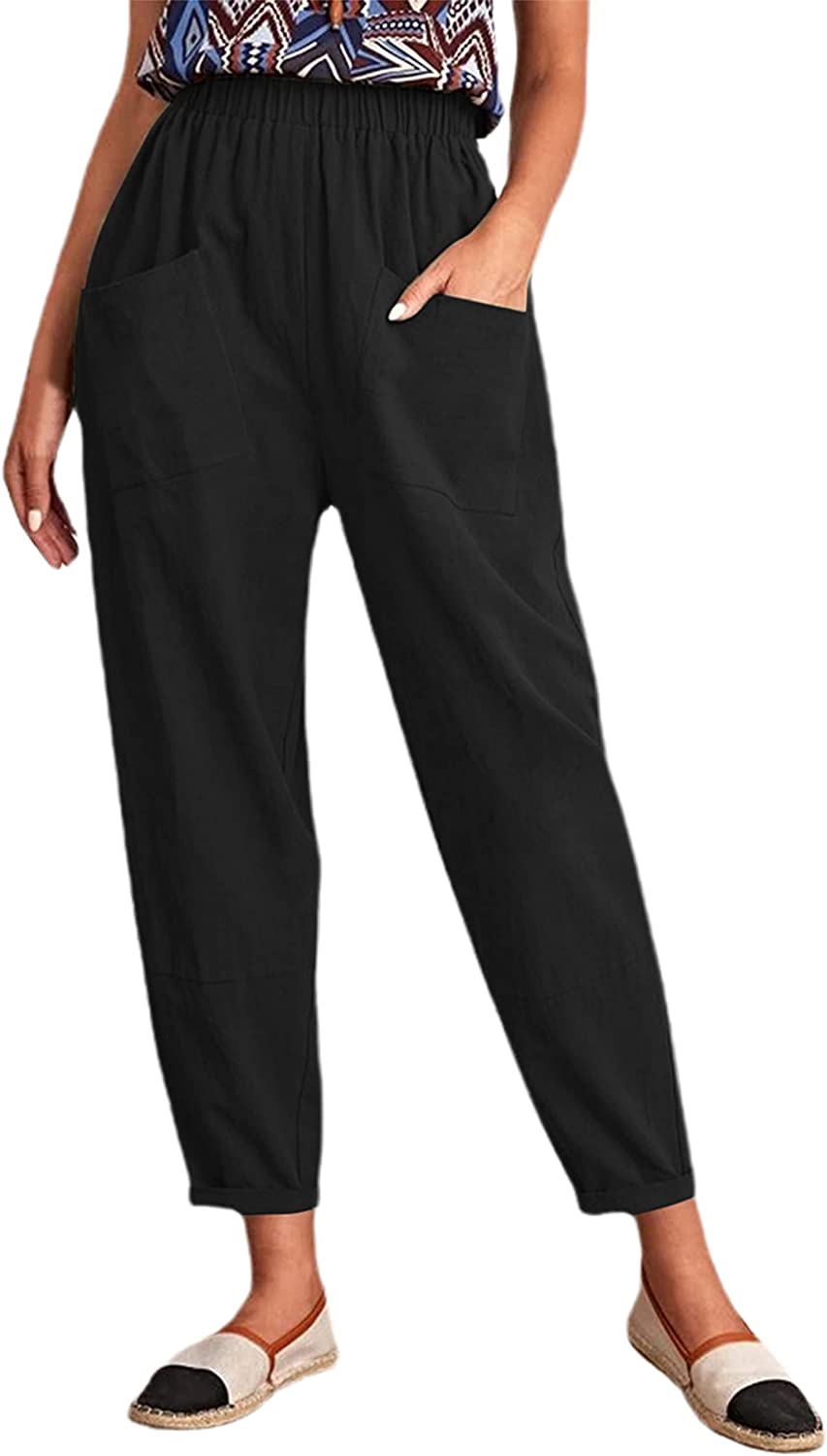 DanceeMangoos Women's Elastic Waist Cotton Pocketed Capri Pencil Pants