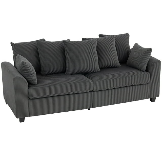 HOMCOM Corduroy Couch with 8 Removable Pillows, 3 Seater Sofa, Dark Grey